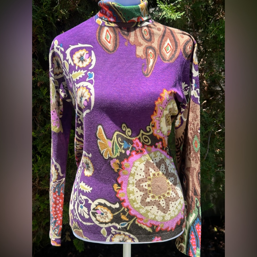 Etro Floral Paisley Printed Purple Fitted Turtleneck Graphic Blouse Size 48